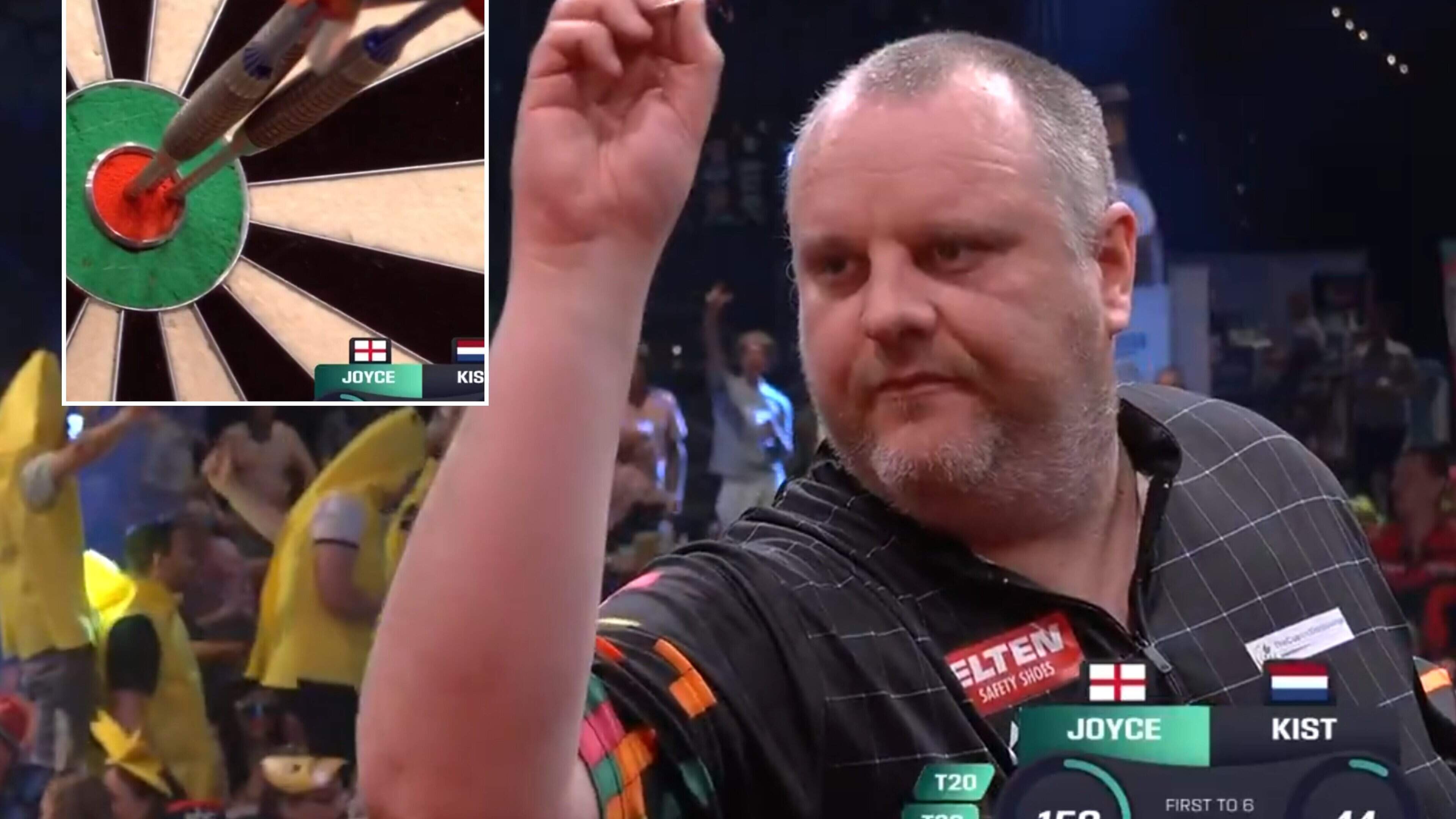 VIDEO. De allerbeste der dartsfinishes? Ryan Joyce gooit zich naar winst met spectaculaire 150 checkout via drie bullseyes