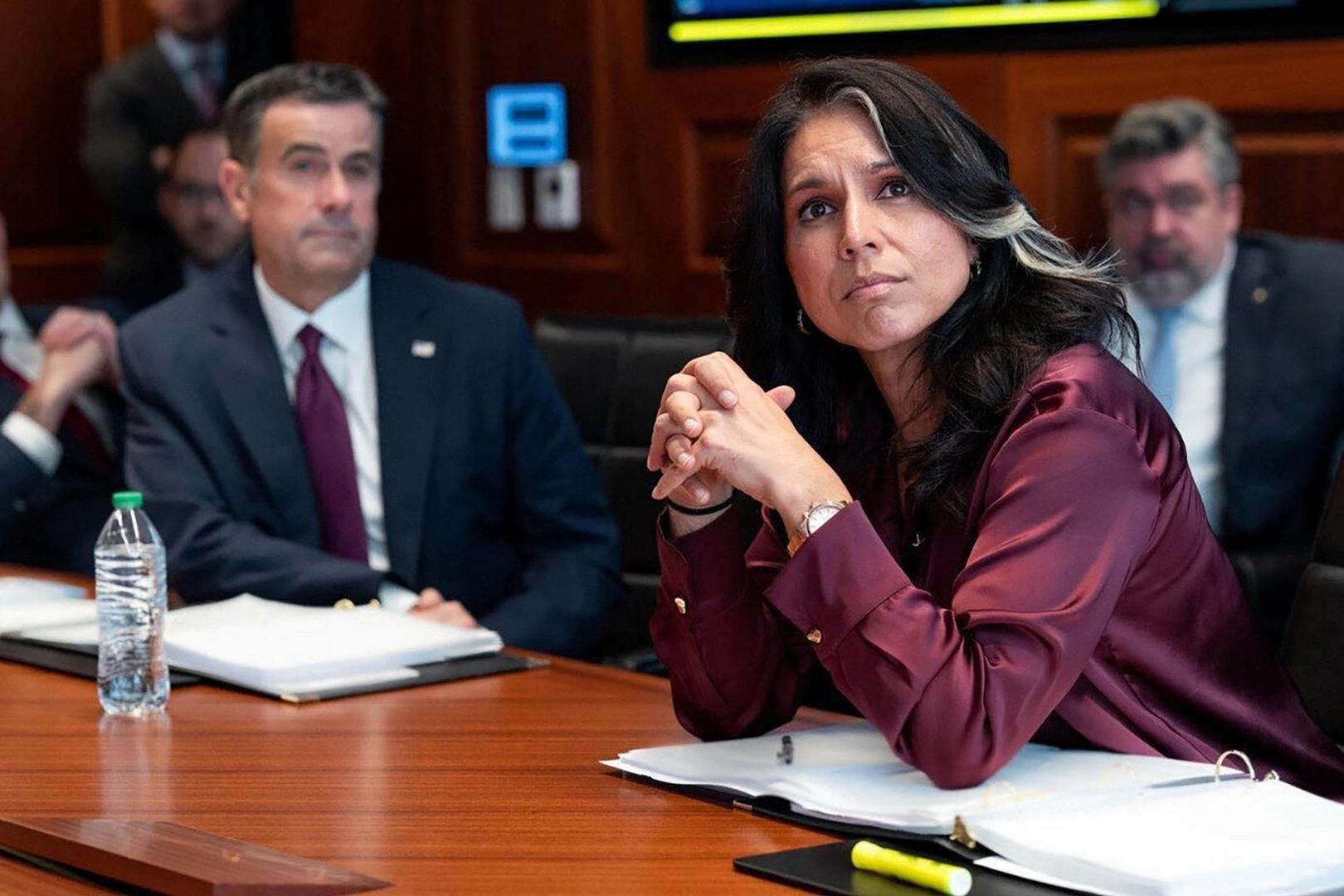 Director of National Intelligence Tulsi Gabbard and CIA director John Ratcliffe join a meeting with U.S. President Donald Trump and his intelligence team in the Situation Room at the White House in Washington, D.C., U.S. June 21, 2025.  The White House/Handout via REUTERS THIS IMAGE HAS BEEN SUPPLIED BY A THIRD PARTY. 
THIS IMAGE HAS BEEN SUPPLIED BY A THIRD PARTY
