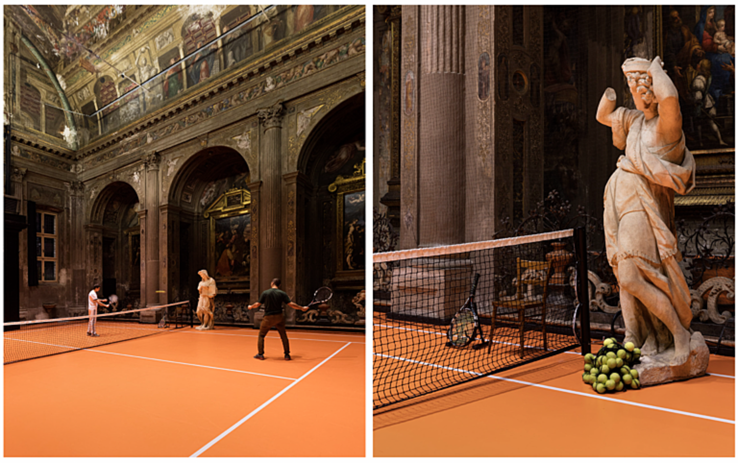 Kunstenaar legt een tennisveld in een kerk, compleet met tenniscoaches ...