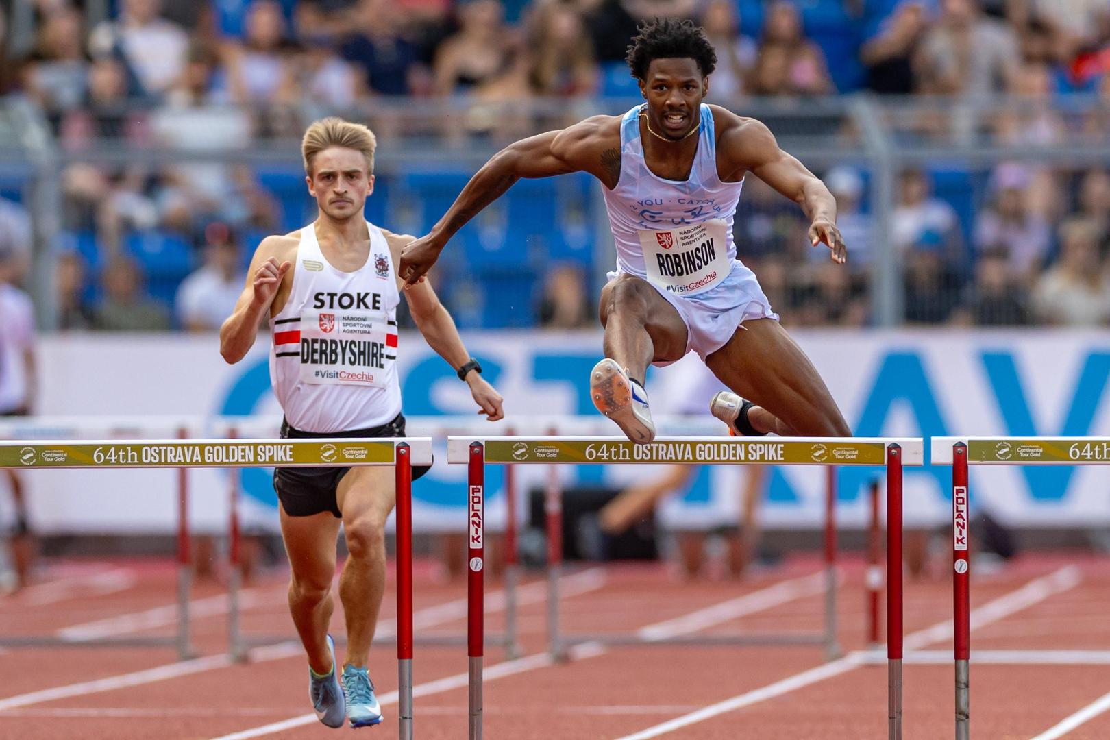 epa12195267 Chris Robinson of the US in action during 400m Hurdles event at the 2025 Golden Spike Ostrava athletics meeting as part of the World Athletics Continental Tour in Ostrava, Czech Republic, 24 June 2025.  EPA/MARTIN DIVISEK