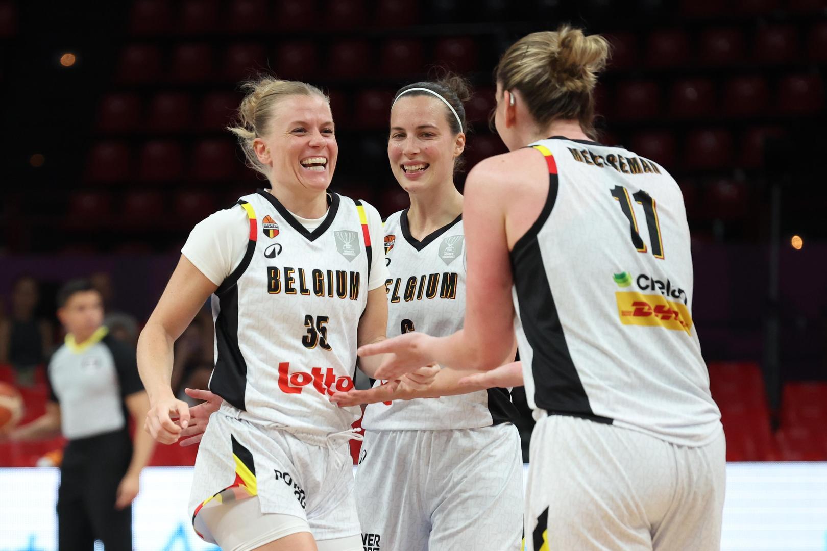 Belgium's Julie Vanloo and Belgium's Emma Meesseman celebrate during a basketball match between Belgian national team 'the Belgian Cats' and Germany, in the quarterfinals of the FIBA Women's EuroBasket tournament, Wednesday 25 June 2025 in Piraeus, Greece. BELGA PHOTO VIRGINIE LEFOUR