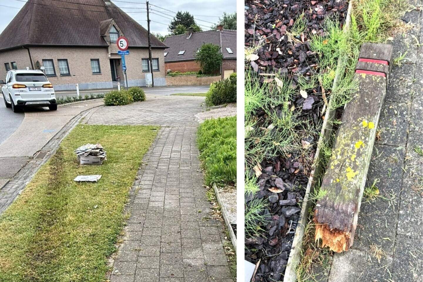 Onderweg probeerden de inbrekers Mathias af te schudden door tegen een paaltje aan te rijden dat afknapte als een lucifer. 