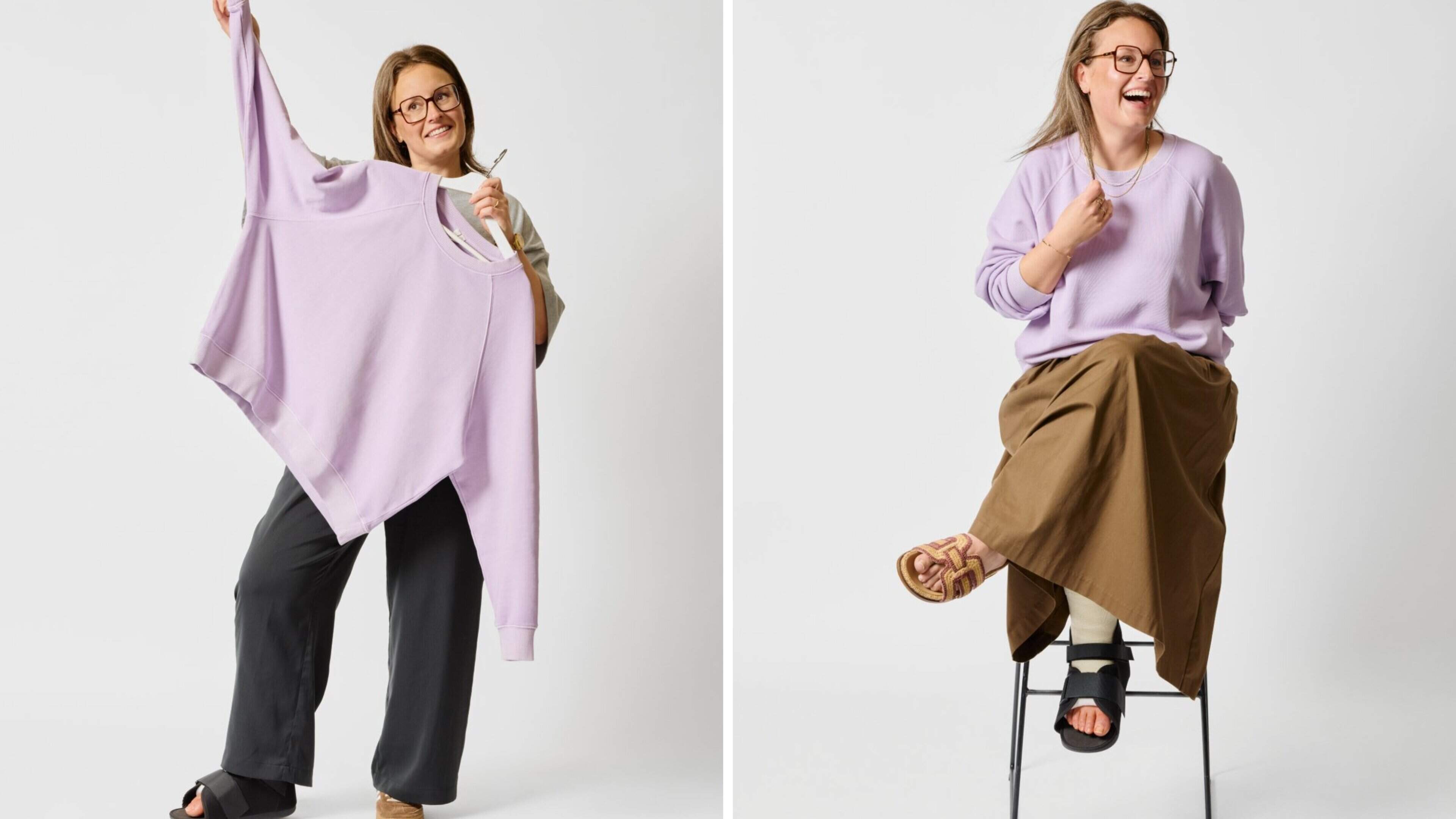 Lize krijgt haar paarse sweater niet origineel gecombineerd, onze styliste schiet te hulp: “Dit had ik nooit zelf bedacht”
