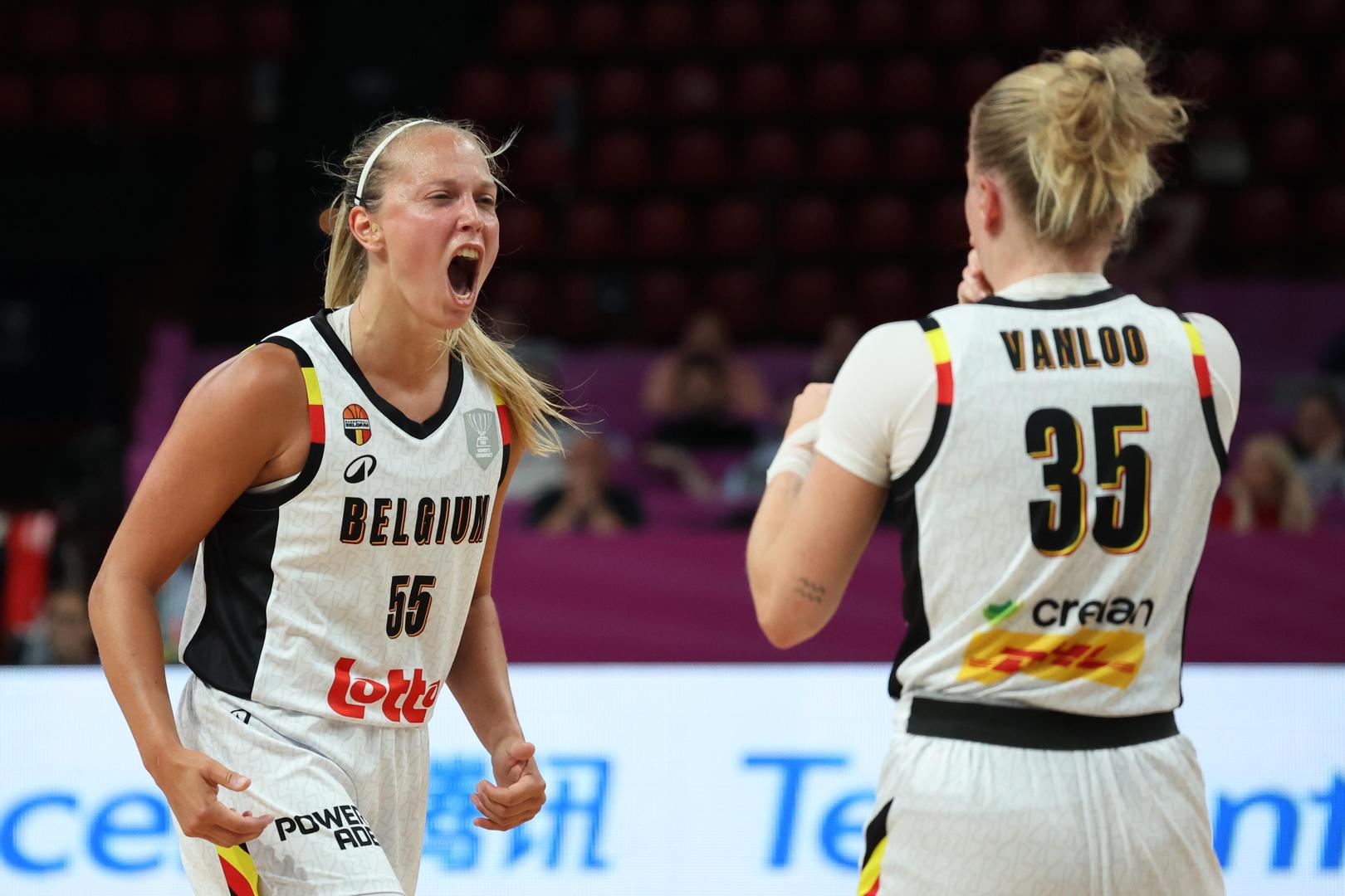 Belgium's Julie Allemand and Belgium's Julie Vanloo celebrate during a basketball match between Belgian national team 'the Belgian Cats' and Italy, in the semi-finals of the FIBA Women's EuroBasket tournament, Friday 27 June 2025 in Piraeus, Greece. BELGA PHOTO VIRGINIE LEFOUR