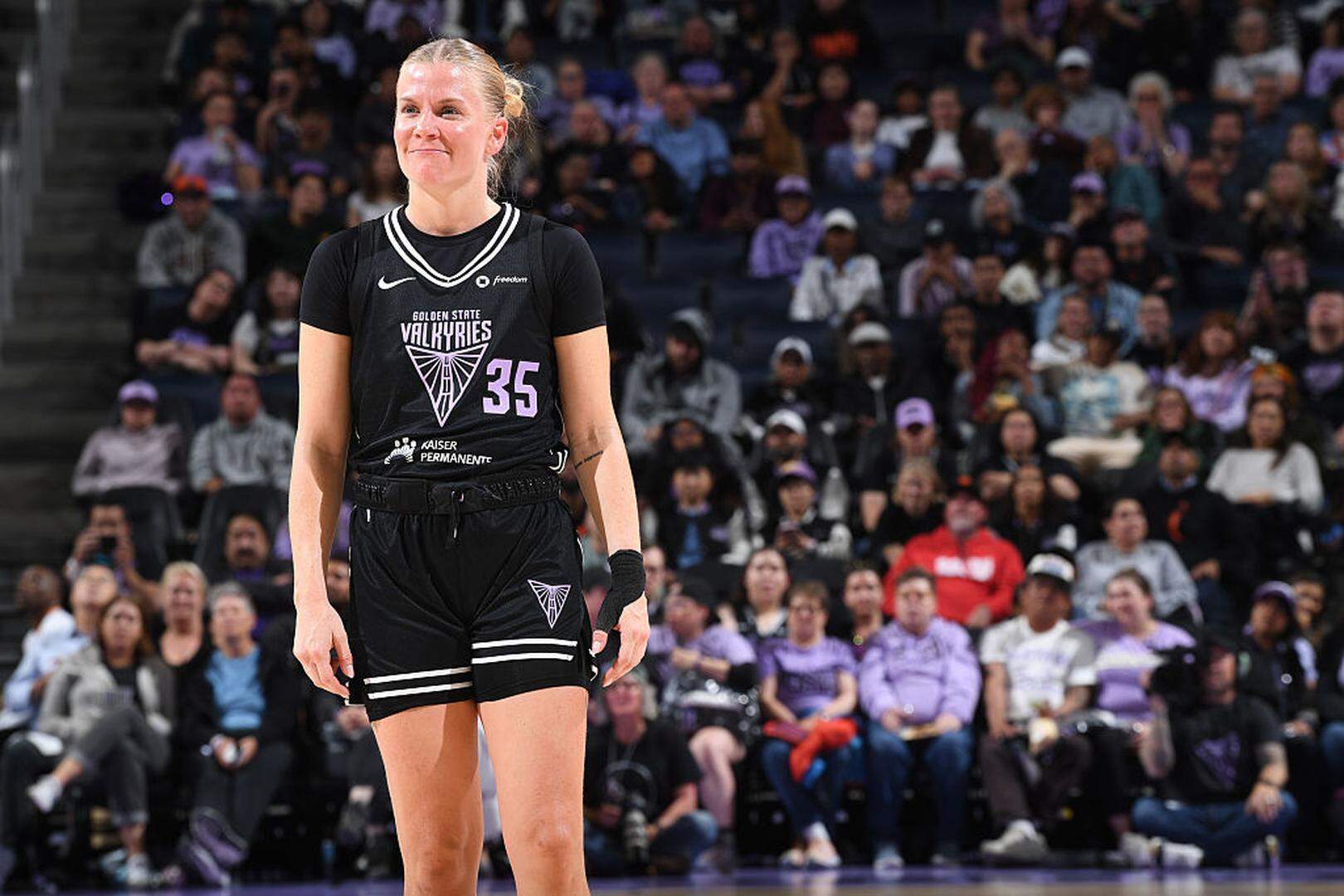 SAN FRANCISCO, CA - MAY 6: Julie Vanloo #35 of the Golden State Valkyries looks on during the game against the Los Angeles Sparks during the WNBA Preseason Game on May 6, 2025 at Chase Center in San Francisco, California. NOTE TO USER: User expressly acknowledges and agrees that, by downloading and or using this photograph, user is consenting to the terms and conditions of Getty Images License Agreement. Mandatory Copyright Notice: Copyright 2025 NBAE (Photo by Noah Graham/NBAE via Getty Images)