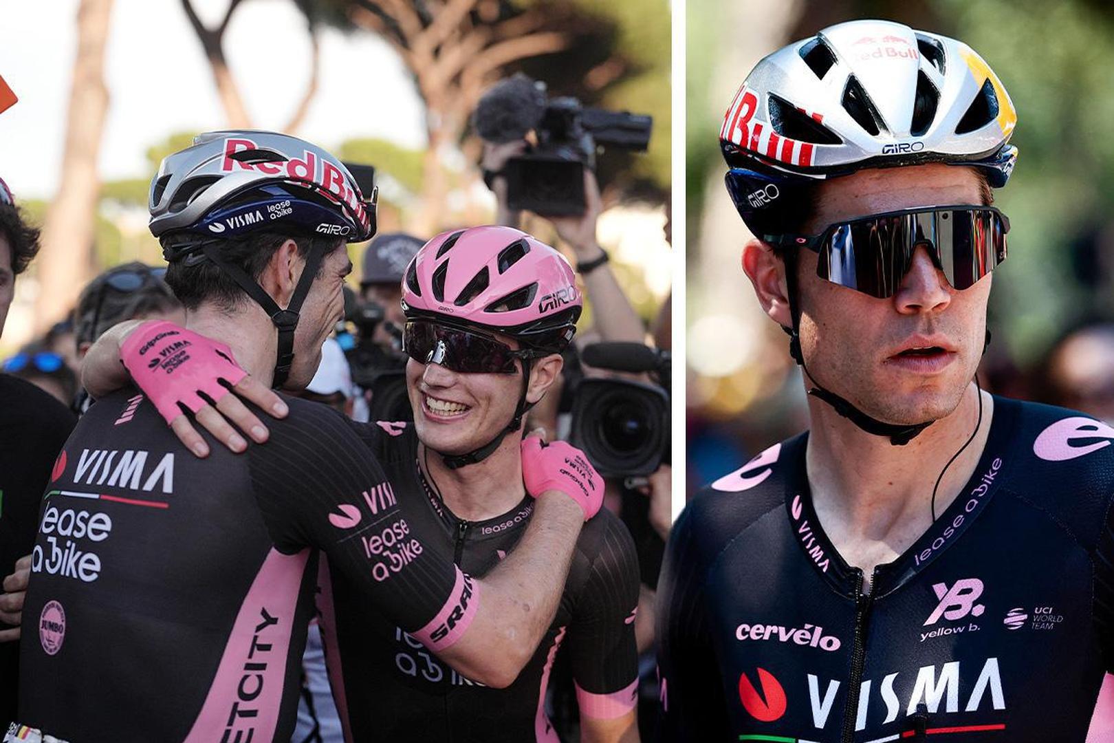 Van Aert met ploegmaat en ritwinnaar Kooij na de slotetappe in Rome.