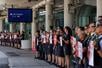 Air Canada flight attendants, represented by the Canadian Union of Public Employees (CUPE) hold a picket at one of four airports to highlight their pay demands in contract negotiations with Canada's largest airline, outside Toronto Pearson International Airport in Mississauga, Ontario, Canada August 11, 2025.  REUTERS/Carlos Osorio