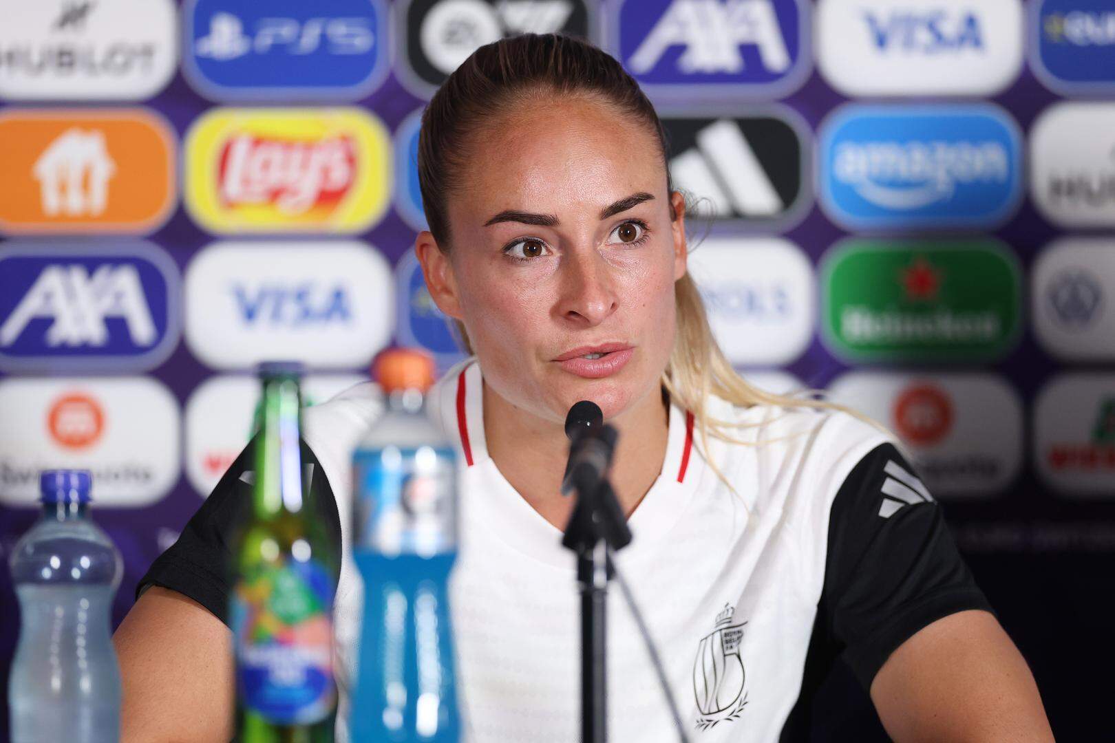SION, SWITZERLAND - JULY 02: Tessa Wullaert of Belgium speaks to the media during the Belgium Press Conference ahead of the UEFA Women's EURO 2025 Group B match between Belgium and Italy at Stade de Tourbillon on July 02, 2025 in Sion, Switzerland. (Photo by Jan Kruger - UEFA/UEFA via Getty Images)