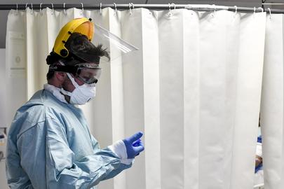 Illustration picture shows nursing staff wearin a ski mask in addition to the needed protections in the Emergency services of the Sint-Trudo hospital in Sint-Truiden, Friday 17 April 2020. The measures announced on March 18th in Belgium to avoid the spread of the Covid-19 will remain active untill May 4th. BELGA PHOTO DIRK WAEM