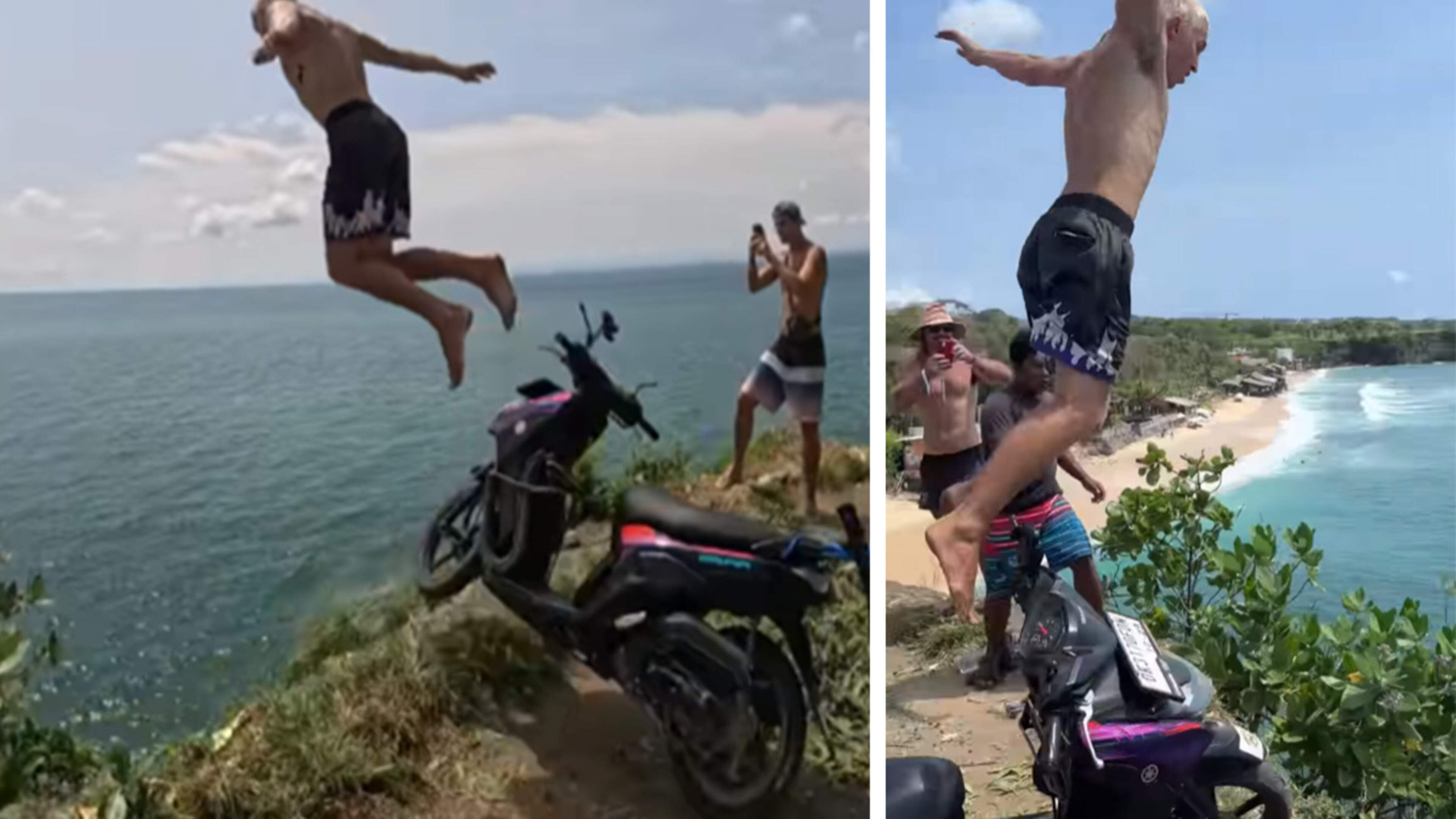 Waaghals duikt vanaf rijdende brommer in zee: politie pakt man op na levensgevaarlijke stunt