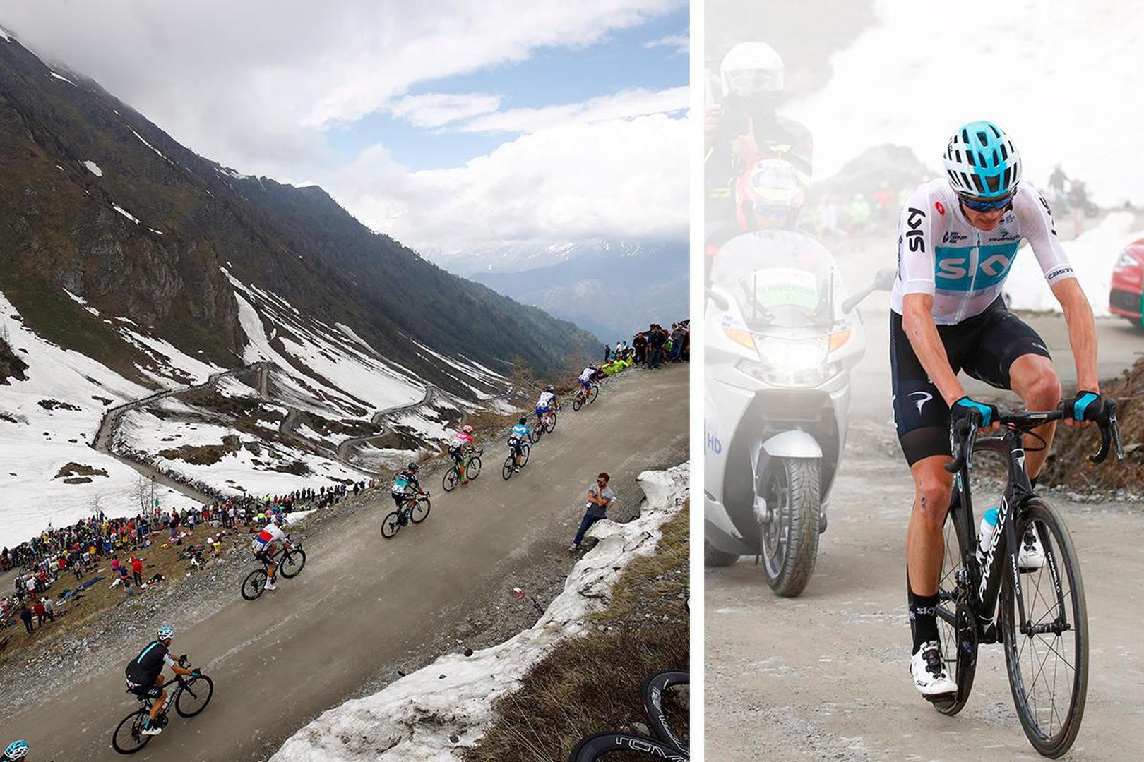 De Colle delle Finestre duikt regelmatig op in de Giro. Rechts: Chris Froome tijdens de beklimming.
