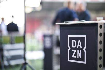 a DAZN logo pictured at a soccer match between Royal Antwerp FC and Royale Union Saint-Gilloise, Friday 25 July 2025 in Brussels, on day 1 of the 2025-2026 'Jupiler Pro League' first division of the Belgian championship. BELGA PHOTO TOM GOYVAERTS