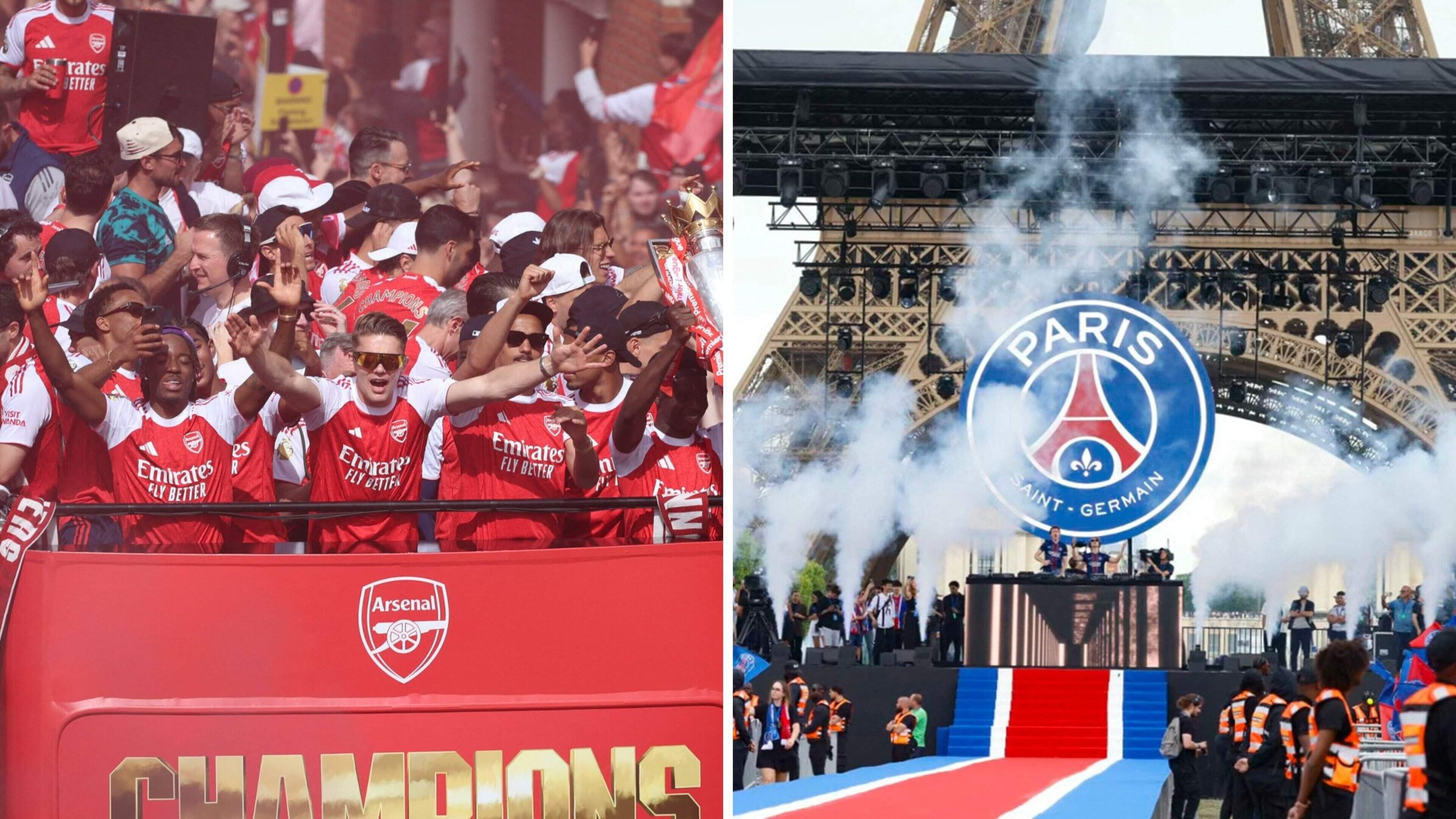 De kater van gisteren al doorgespoeld: mensenzee wacht Arsenal op voor titelviering, ook in Parijs zijn duizenden feestvierders verzameld voor viering PSG
