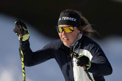 13 February 2023, Thuringia, Oberhof: Biathlon: World Championship, training, women. Former German world-class biathlete Laura Dahlmeier runs on the track in the stadium. Dahlmeier is in Oberhof as an expert for ZDF. Photo: Hendrik Schmidt/dpa (Photo by Hendrik Schmidt/picture alliance via Getty Images)