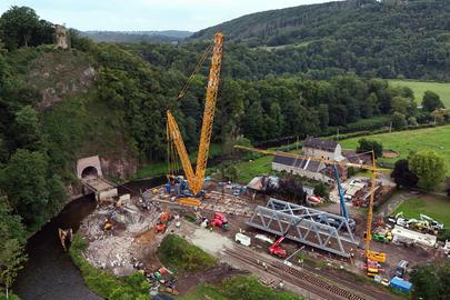 Aerial drone picture shows the Infrabel construction site for the renewal of the Louheau bridge in Pepinster, during a press visit on Tuesday 29 July 2025. BELGA PHOTO ERIC LALMAND