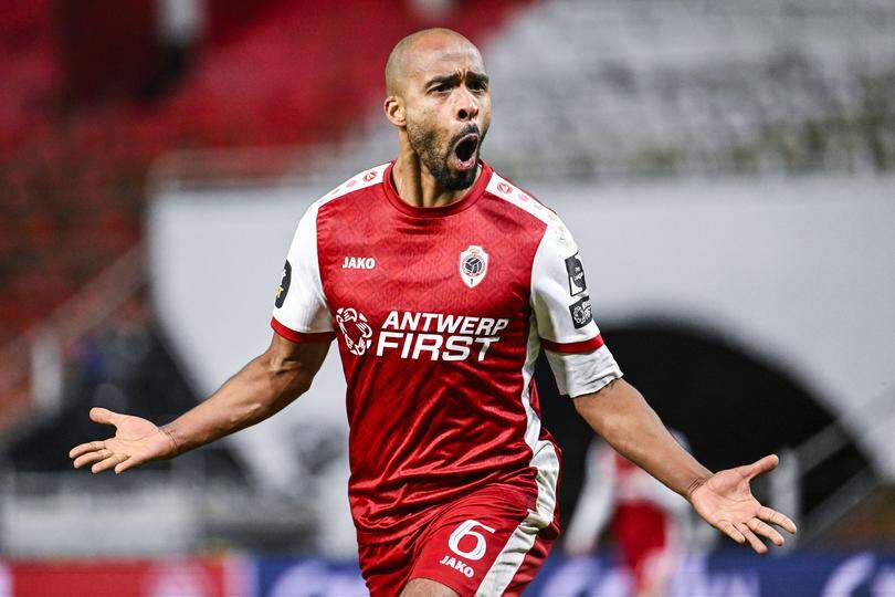 Antwerp's Denis Odoi celebrates after scoring during a soccer game between Royal Antwerp and RSC Anderlecht, Thursday 06 February 2025 in Antwerp, in the 1/2 finals (return) of the 'Croky Cup' Belgian soccer cup. BELGA PHOTO TOM GOYVAERTS
